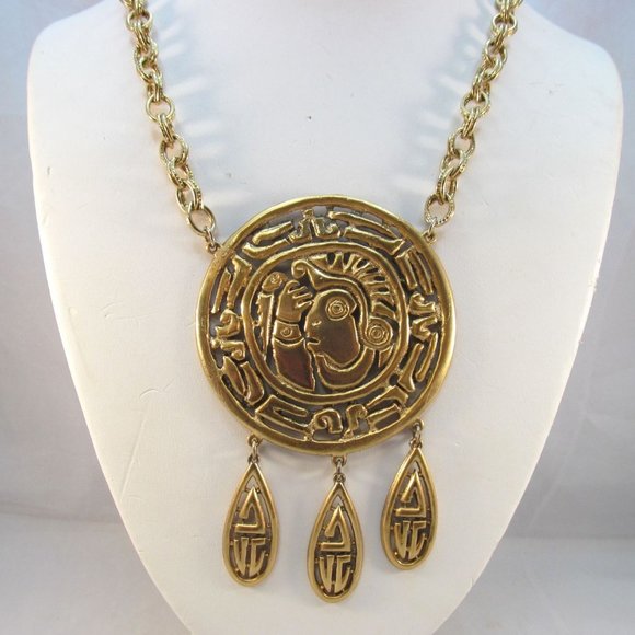 Vintage Signed Tortolani Gold Plated Mayan Design Pendant Necklace - Picture 12 of 12